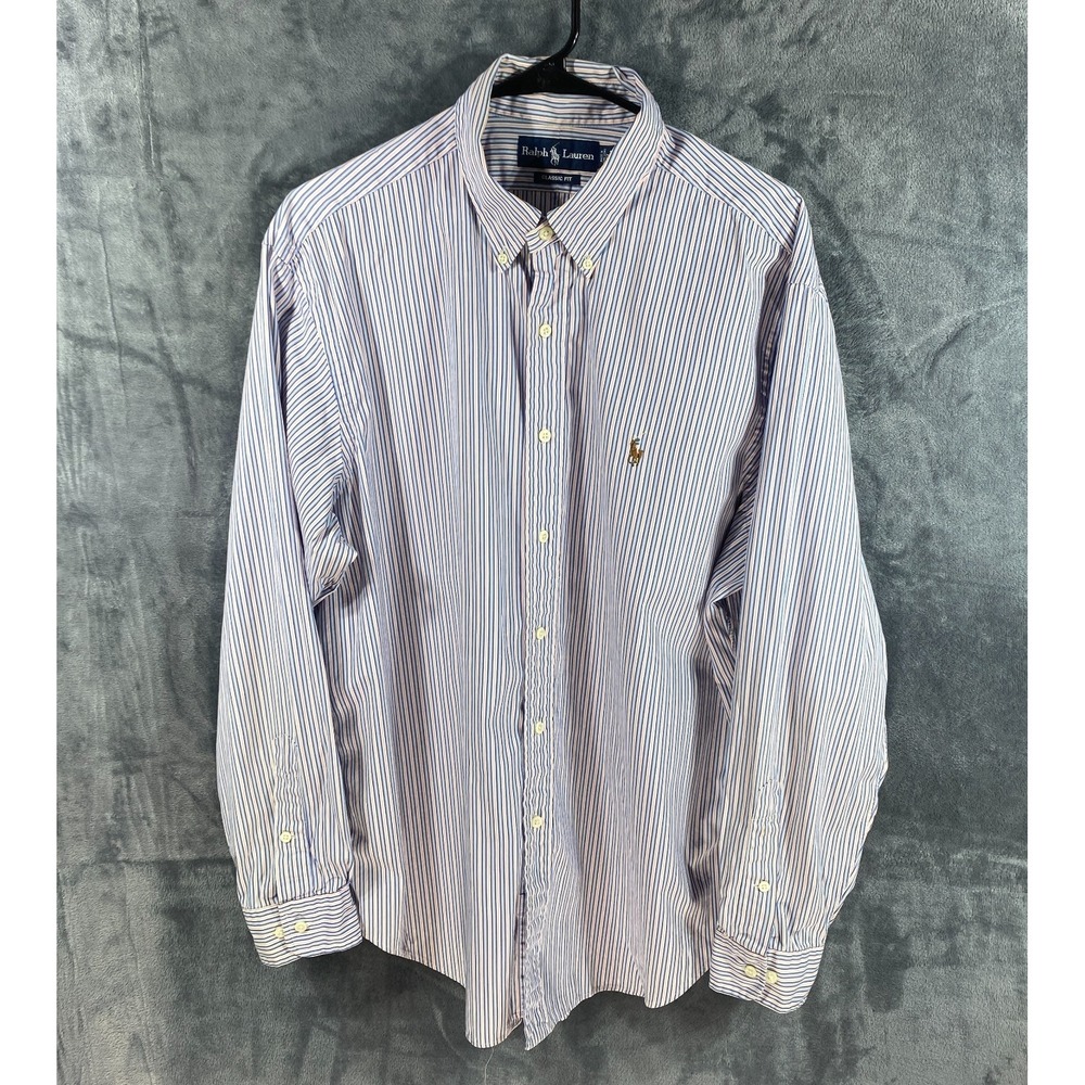 Vintage Ralph Lauren Shirt Mens 17 34/35 Orange Blue Flesh Pony Striped Classic